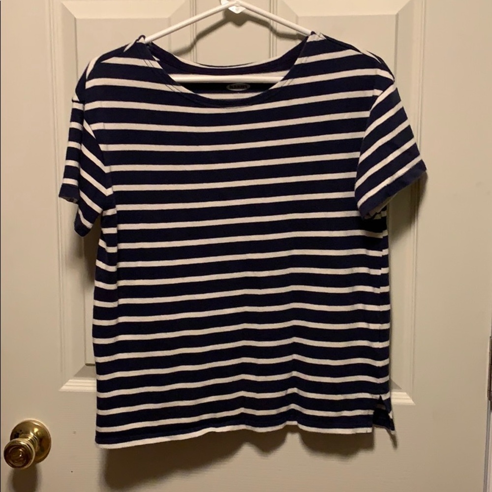 Old Navy, white and navy blue striped shirt.